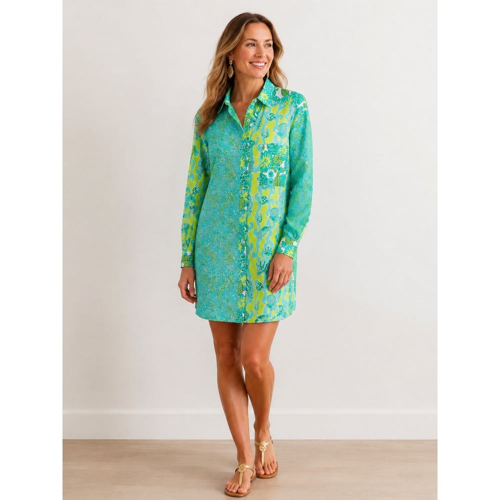Vintage Lilly Pulitzer White Label Shirt Dress Turquoise Floral Tropical Y2K